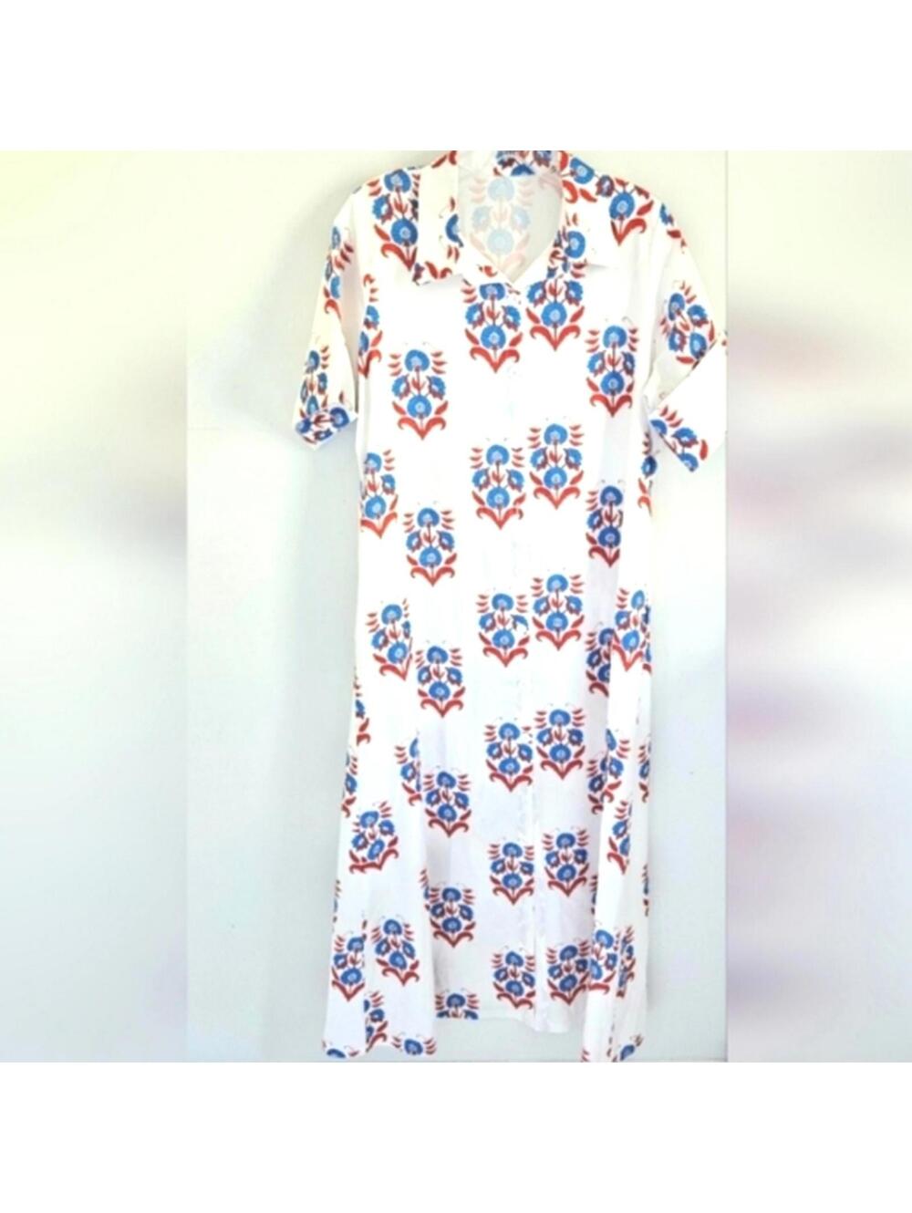 Folk art print red, white, blue maxi dress
